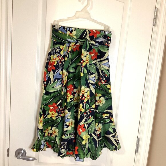 Zara Women's Tropical Floral Midi Skirt Size S Ruffle Hem Pockets Attached Belt - Picture 2 of 11